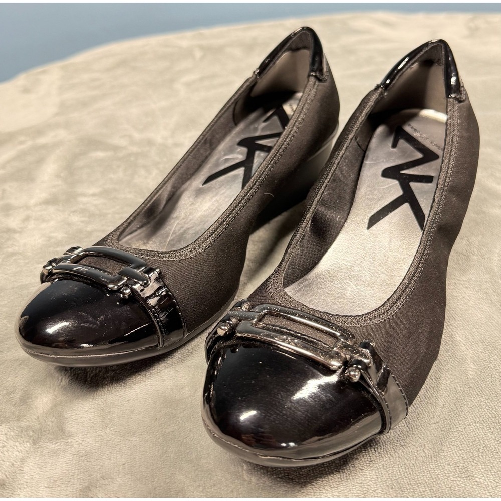 Anne Klein Sport Wedge Flats Womens 9M Black Cap Toe Buckle Comfort Shoes